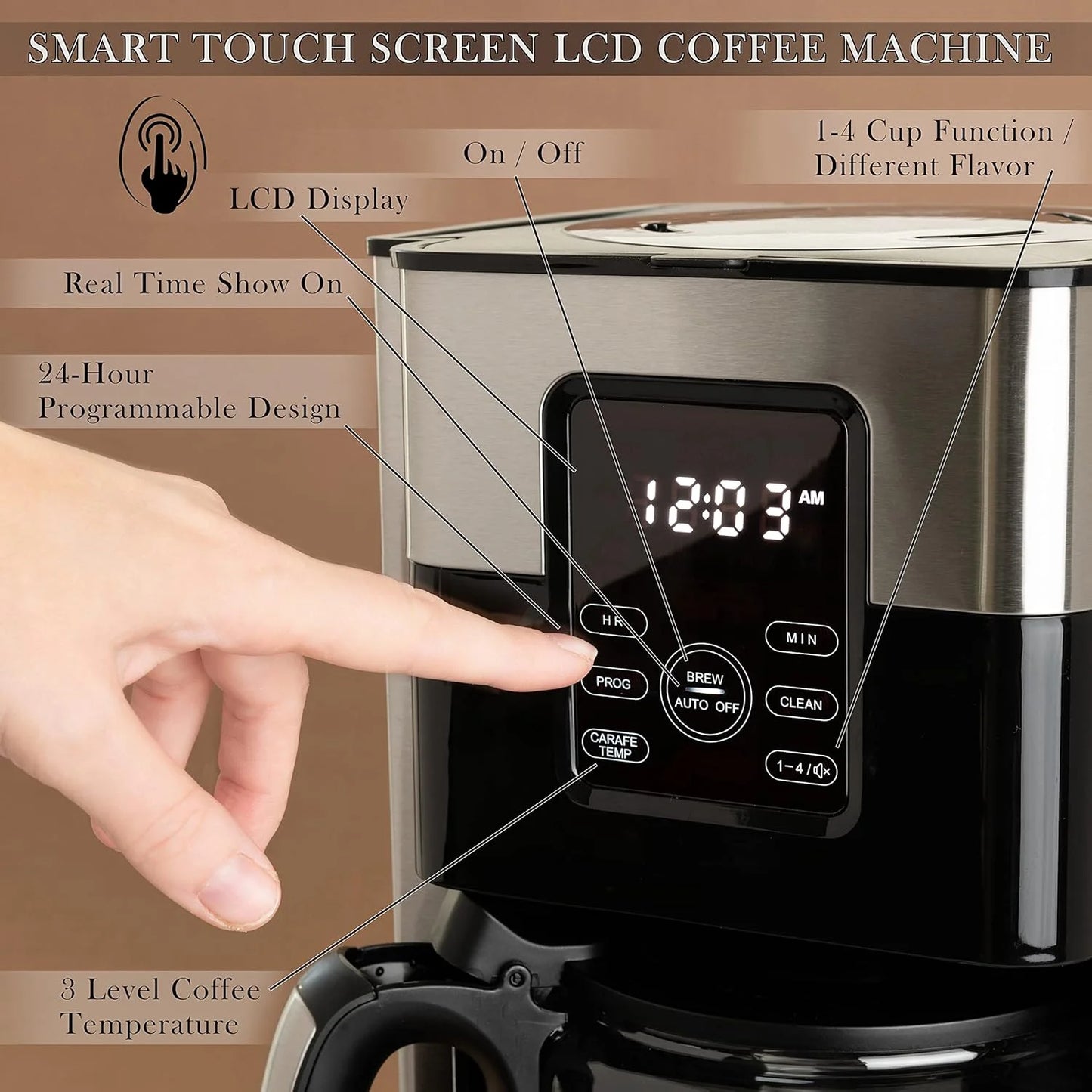 12-Cup Drip Coffee Maker with Lcd Touch Display, Programmable Coffee Pot Machine, Borosilicate Glass Carafe, Anti-Drip System, Stainless Steel & Black Electric Coffee Maker