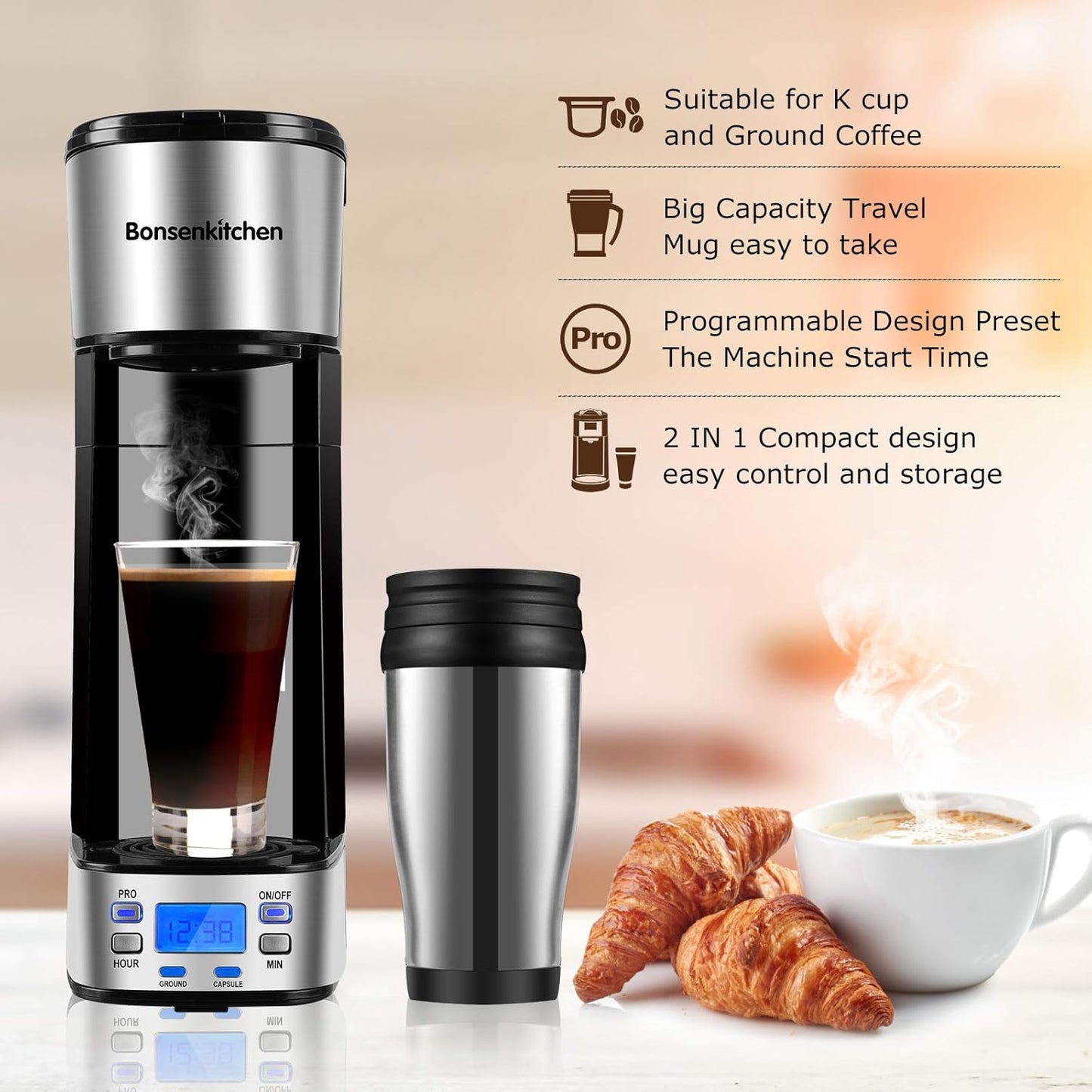 Programmable Single Serve Coffee Makers with Portable Travel Mug Compatible with K Cup Pod & Coffee Ground, Mini 2-In-1 Coffee Machines with Brew Strength Control, Personal Compact Coffee Brewer 14 Oz