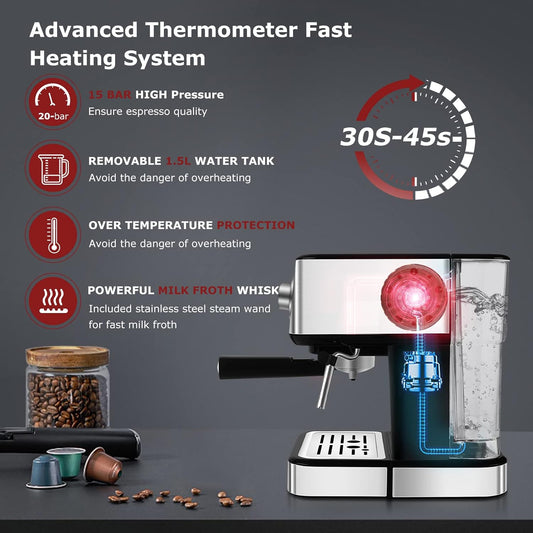 Espresso Machine 15 Bar Coffee Machine with Foaming Milk Frother Wand, 850W High Performance No-Leaking 1.5 Liters Removable Water Tank Coffee Maker for Espresso, Cappuccino, Latte, Machiato