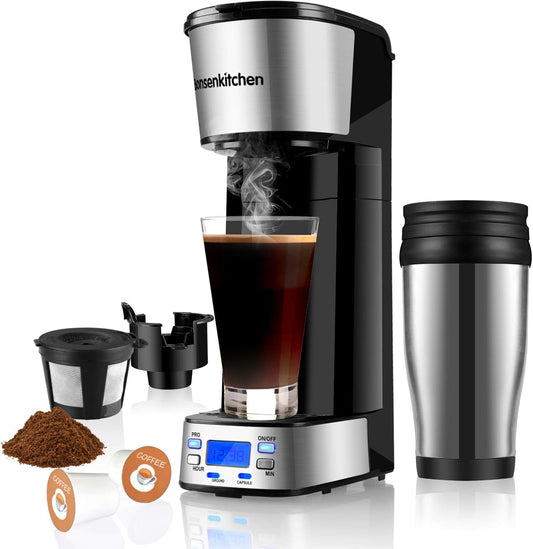 Programmable Single Serve Coffee Makers with Portable Travel Mug Compatible with K Cup Pod & Coffee Ground, Mini 2-In-1 Coffee Machines with Brew Strength Control, Personal Compact Coffee Brewer 14 Oz